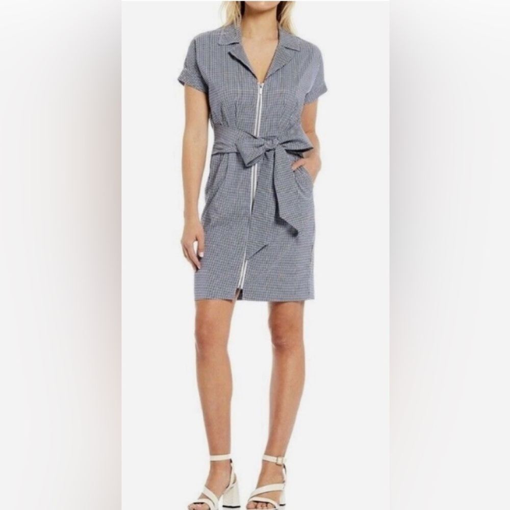 LDT Courtney Zip Front Gingham Check Shirt Dress Navy White‎ Tie Front 4 Small